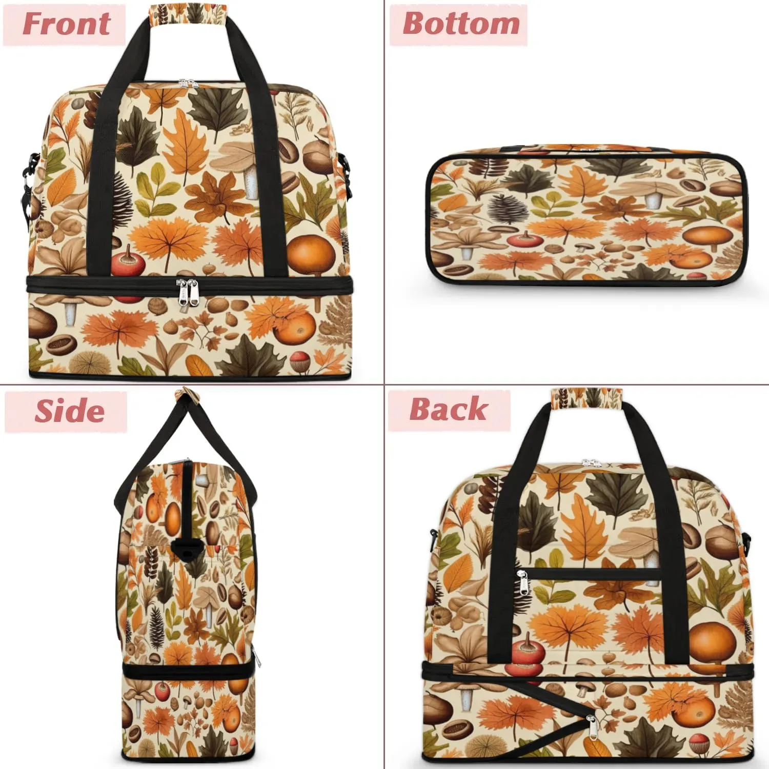 Autumn Maple Leaves Nuts Sports Gym Bag with Shoes Compartment Foldable Travel Duffel Bag Dry Wet Separated Sports Tote Workout Weekender Overnight Bag for Women Yoga Dance Work Training Handbag