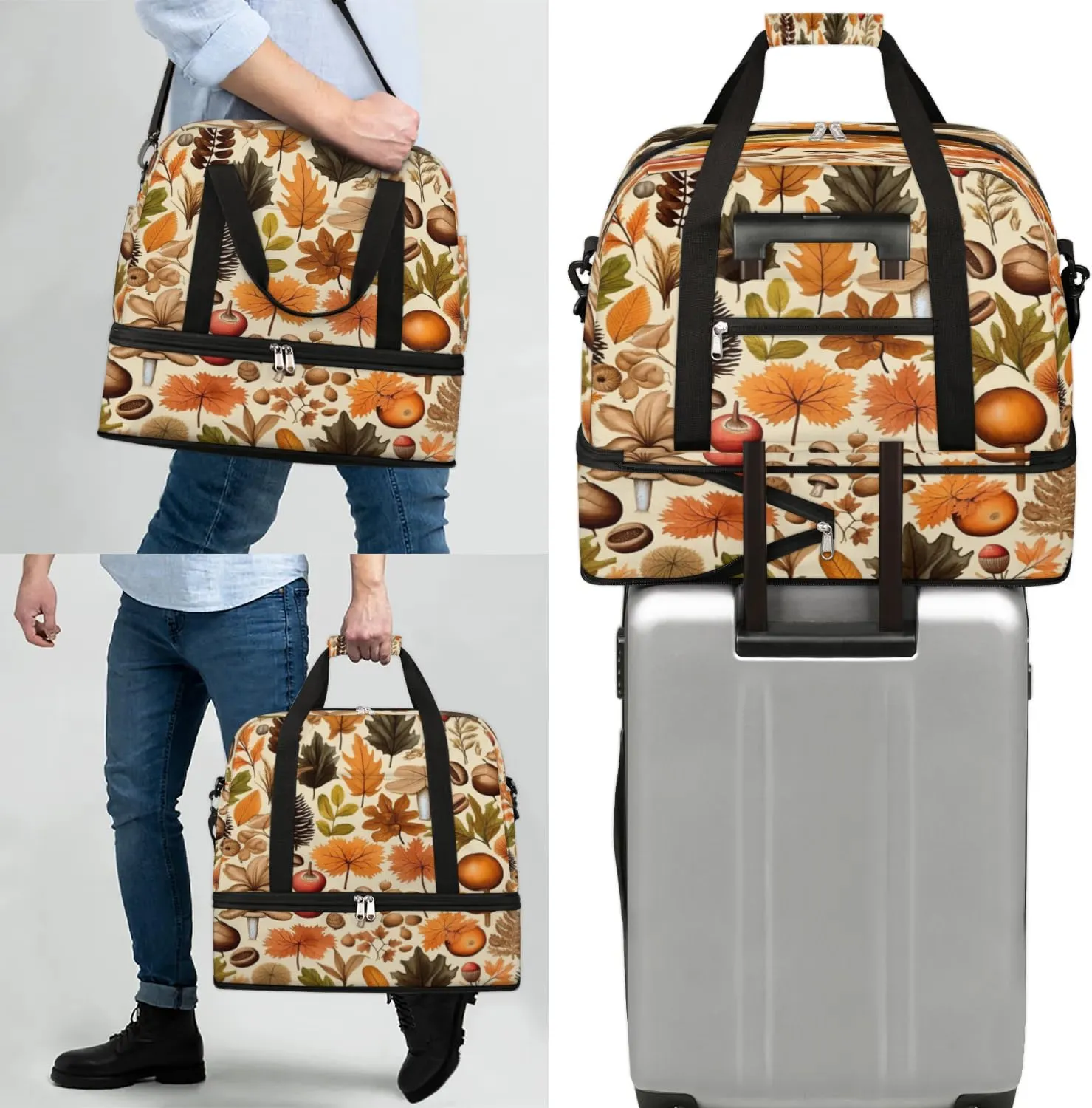 Autumn Maple Leaves Nuts Sports Gym Bag with Shoes Compartment Foldable Travel Duffel Bag Dry Wet Separated Sports Tote Workout Weekender Overnight Bag for Women Yoga Dance Work Training Handbag