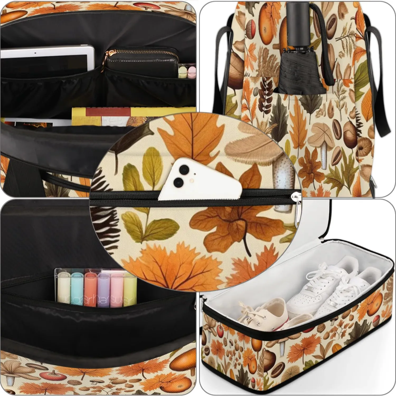 Autumn Maple Leaves Nuts Sports Gym Bag with Shoes Compartment Foldable Travel Duffel Bag Dry Wet Separated Sports Tote Workout Weekender Overnight Bag for Women Yoga Dance Work Training Handbag