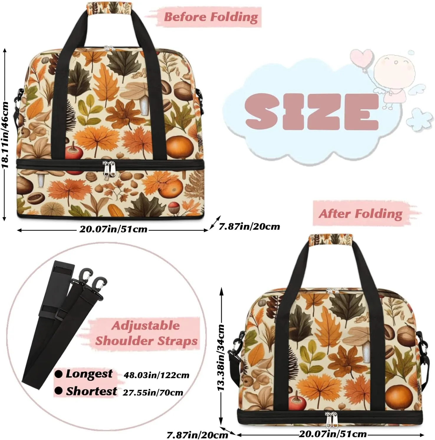 Autumn Maple Leaves Nuts Sports Gym Bag with Shoes Compartment Foldable Travel Duffel Bag Dry Wet Separated Sports Tote Workout Weekender Overnight Bag for Women Yoga Dance Work Training Handbag