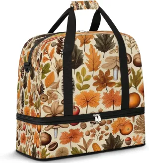 Autumn Maple Leaves Nuts Sports Gym Bag with Shoes Compartment Foldable Travel Duffel Bag Dry Wet Separated Sports Tote Workout Weekender Overnight Bag for Women Yoga Dance Work Training Handbag