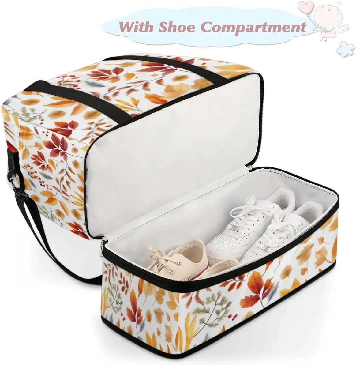 Autumn Maple Leaves Print Sports Gym Bag with Shoes Compartment Foldable Travel Duffel Bag Dry Wet Separated Sports Tote Workout Weekender Overnight Bag for Women Yoga Dance Work Training Handbag
