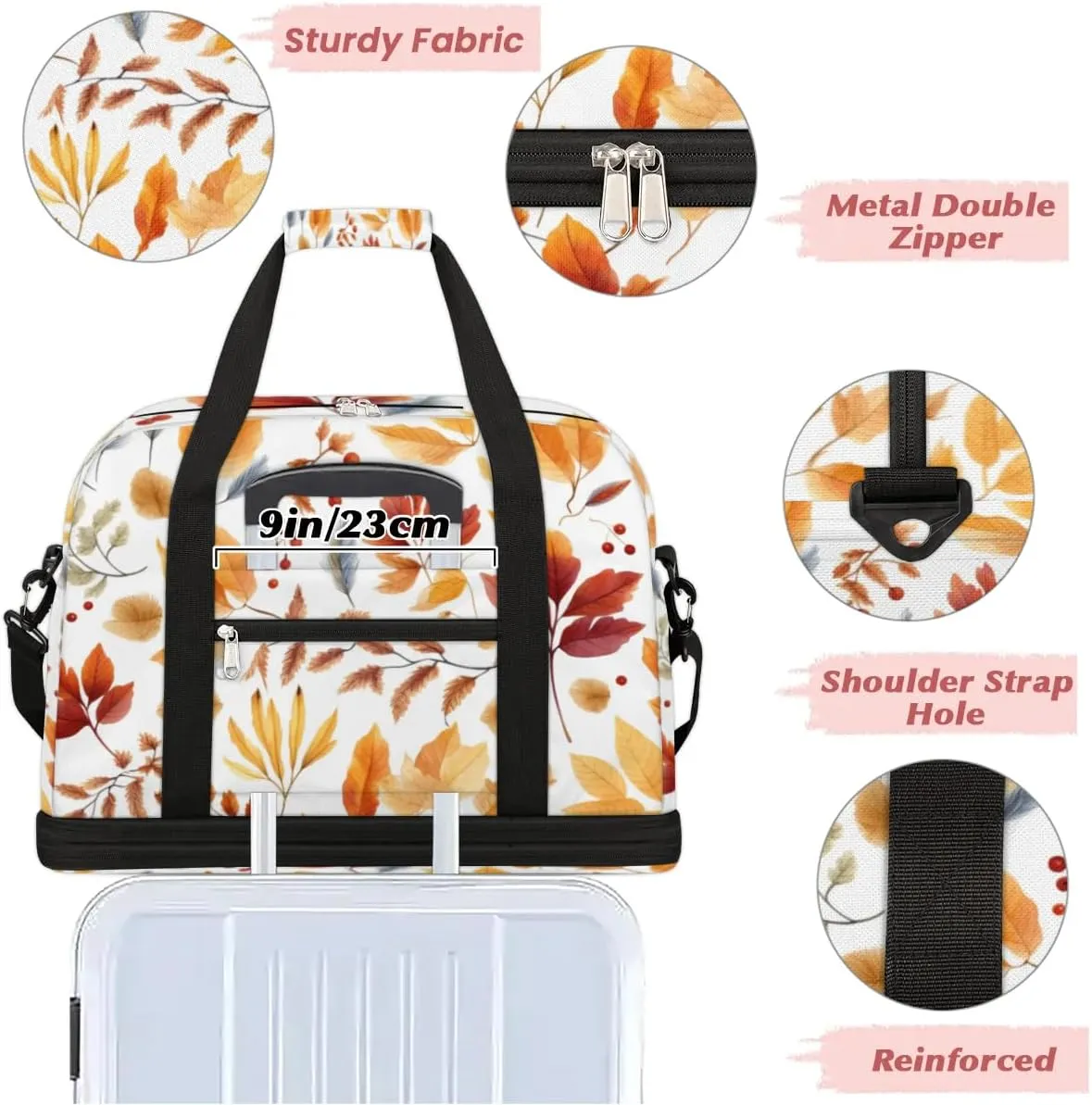 Autumn Maple Leaves Print Sports Gym Bag with Shoes Compartment Foldable Travel Duffel Bag Dry Wet Separated Sports Tote Workout Weekender Overnight Bag for Women Yoga Dance Work Training Handbag