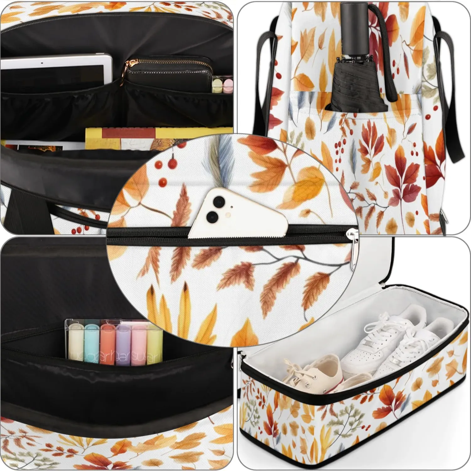 Autumn Maple Leaves Print Sports Gym Bag with Shoes Compartment Foldable Travel Duffel Bag Dry Wet Separated Sports Tote Workout Weekender Overnight Bag for Women Yoga Dance Work Training Handbag