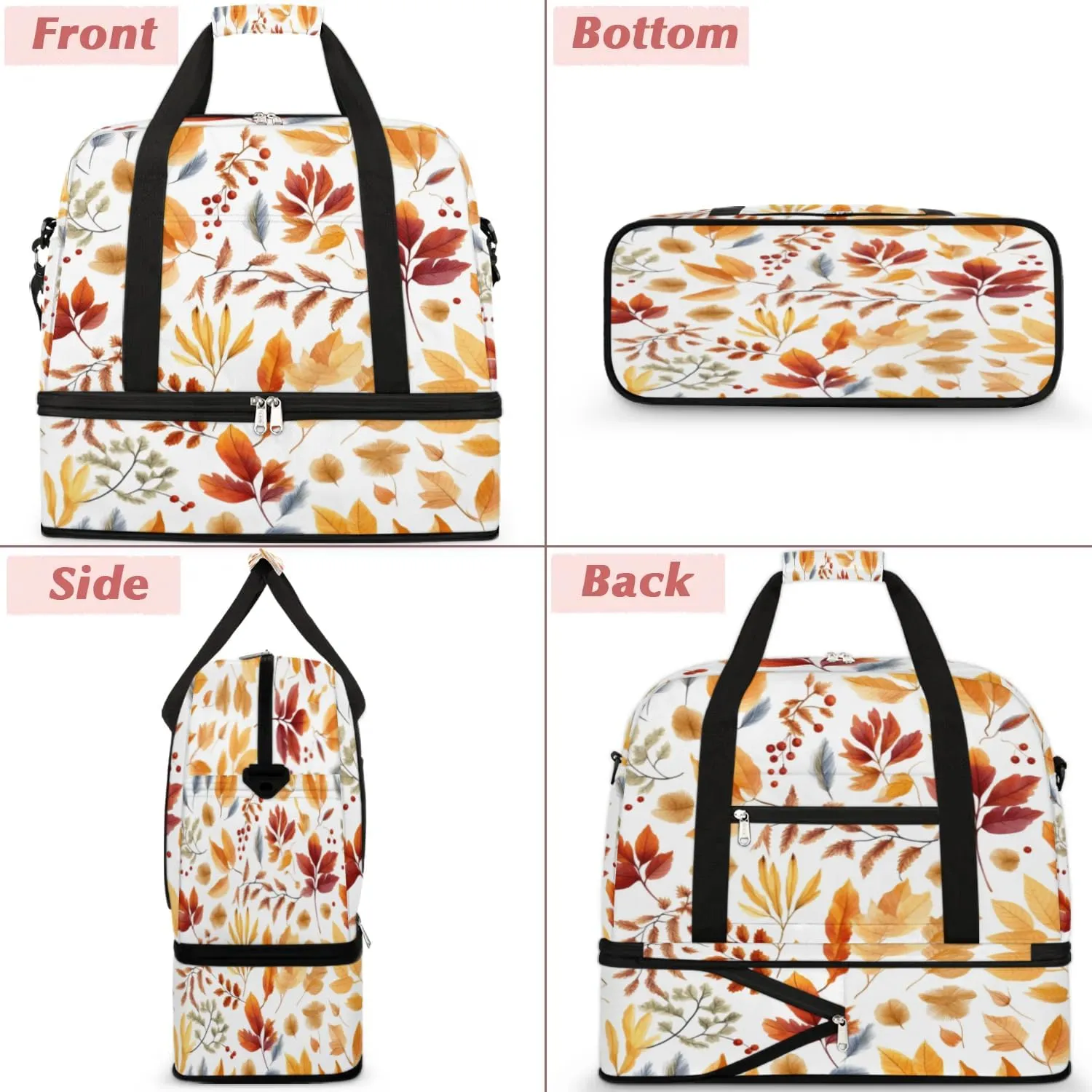 Autumn Maple Leaves Print Sports Gym Bag with Shoes Compartment Foldable Travel Duffel Bag Dry Wet Separated Sports Tote Workout Weekender Overnight Bag for Women Yoga Dance Work Training Handbag
