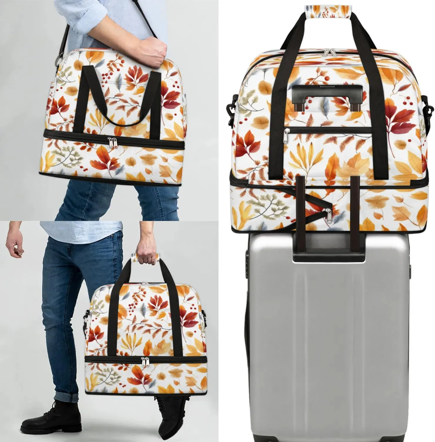 Autumn Maple Leaves Print Sports Gym Bag with Shoes Compartment Foldable Travel Duffel Bag Dry Wet Separated Sports Tote Workout Weekender Overnight Bag for Women Yoga Dance Work Training Handbag