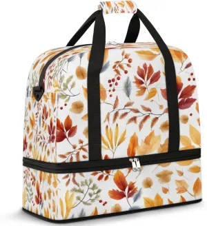Autumn Maple Leaves Print Sports Gym Bag with Shoes Compartment Foldable Travel Duffel Bag Dry Wet Separated Sports Tote Workout Weekender Overnight Bag for Women Yoga Dance Work Training Handbag