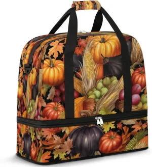 Autumn Pumpkin Corn Food Sports Gym Bag with Shoes Compartment Foldable Travel Duffel Bag Dry Wet Separated Sports Tote Workout Weekender Overnight Bag for Women Yoga Dance Work Training Handbag