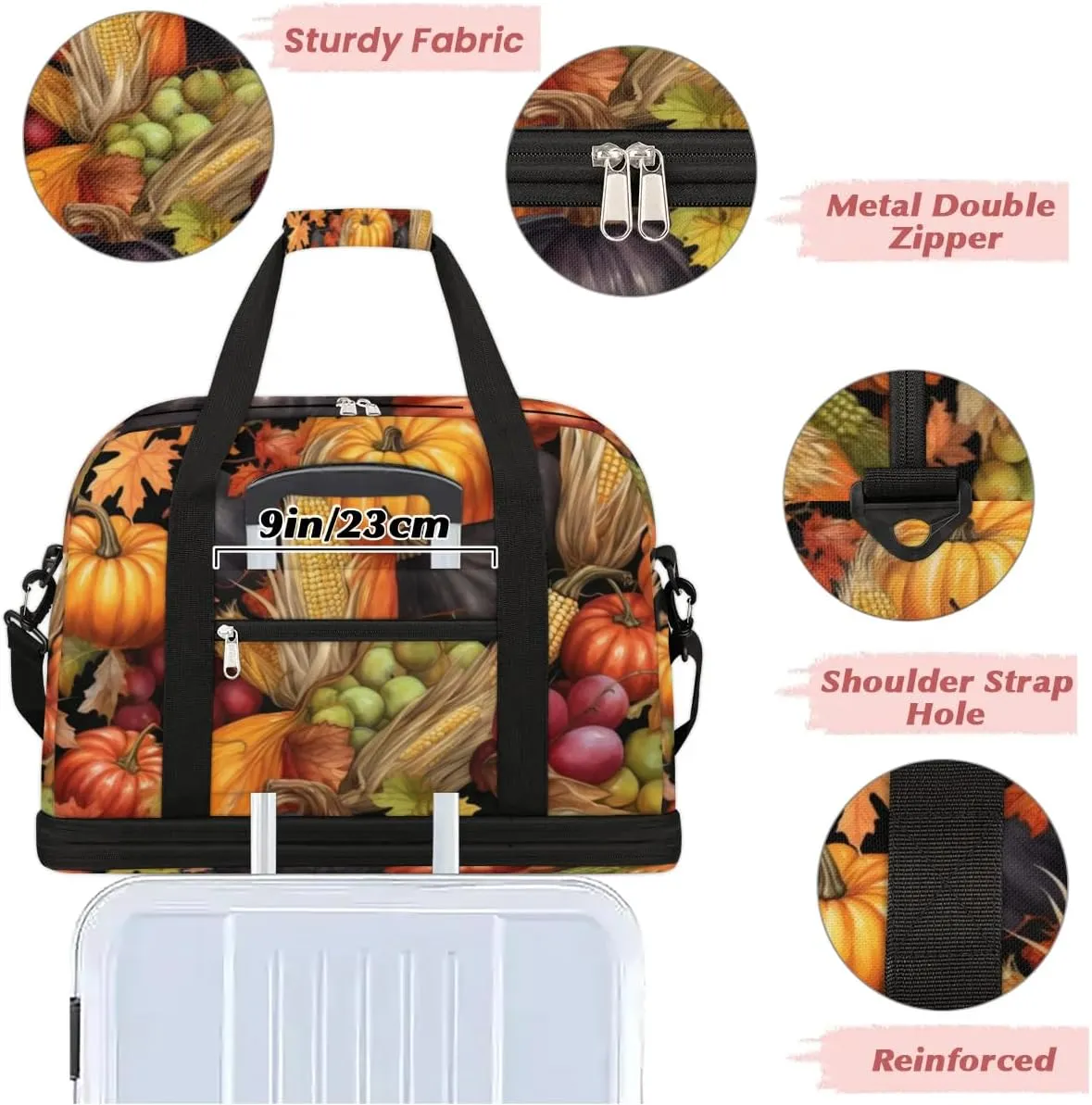 Autumn Pumpkin Corn Food Sports Gym Bag with Shoes Compartment Foldable Travel Duffel Bag Dry Wet Separated Sports Tote Workout Weekender Overnight Bag for Women Yoga Dance Work Training Handbag