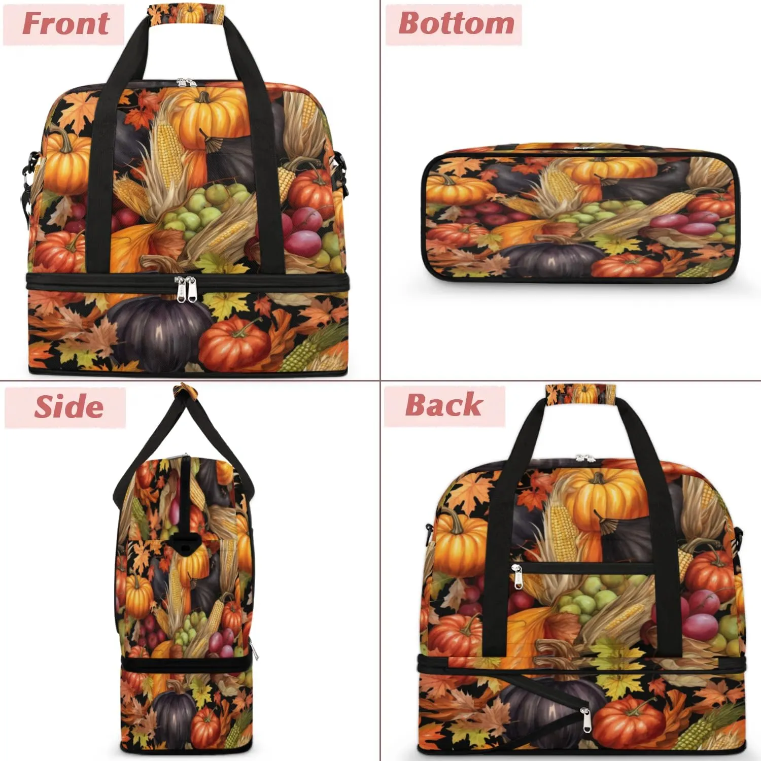 Autumn Pumpkin Corn Food Sports Gym Bag with Shoes Compartment Foldable Travel Duffel Bag Dry Wet Separated Sports Tote Workout Weekender Overnight Bag for Women Yoga Dance Work Training Handbag