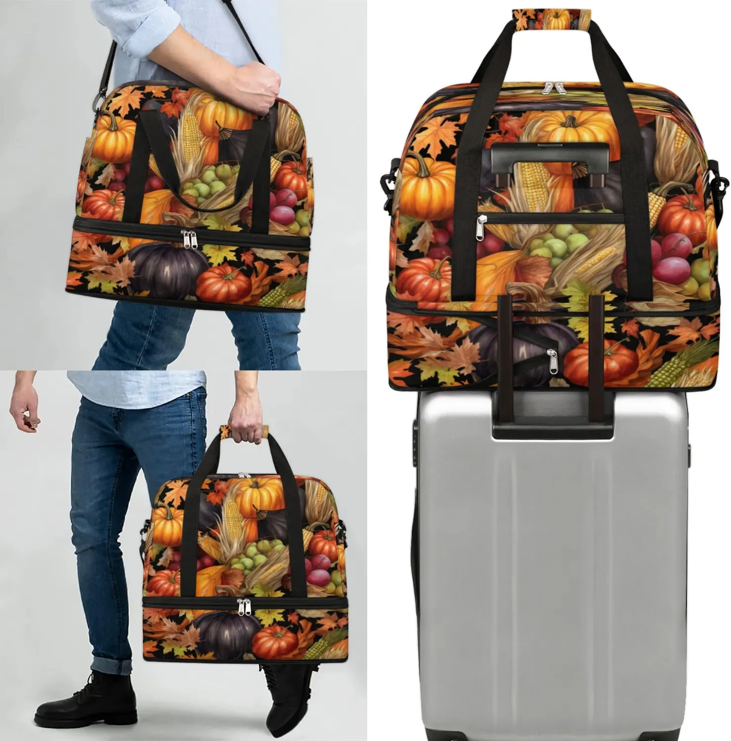 Autumn Pumpkin Corn Food Sports Gym Bag with Shoes Compartment Foldable Travel Duffel Bag Dry Wet Separated Sports Tote Workout Weekender Overnight Bag for Women Yoga Dance Work Training Handbag