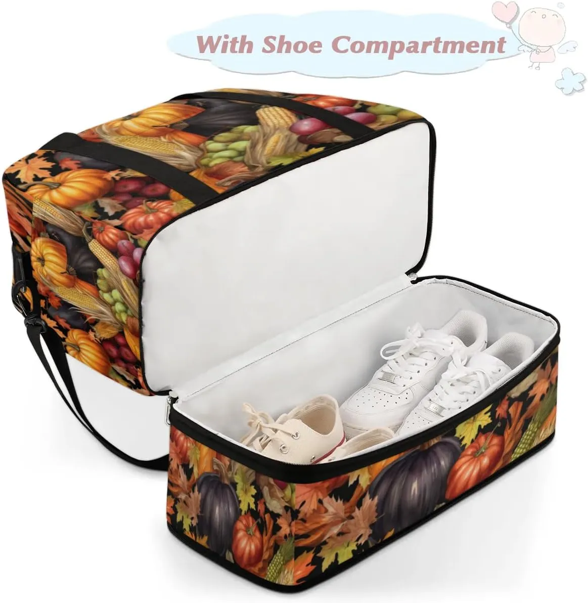 Autumn Pumpkin Corn Food Sports Gym Bag with Shoes Compartment Foldable Travel Duffel Bag Dry Wet Separated Sports Tote Workout Weekender Overnight Bag for Women Yoga Dance Work Training Handbag