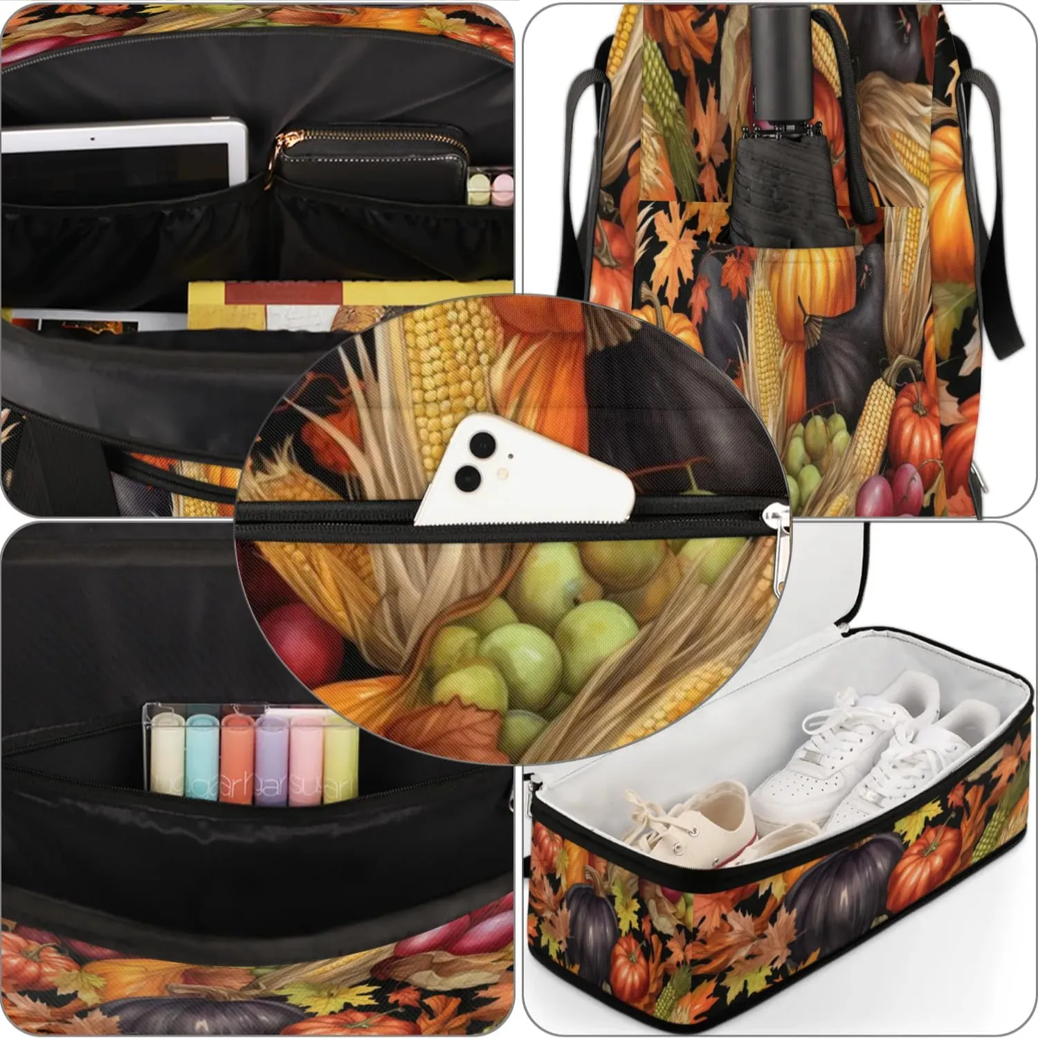 Autumn Pumpkin Corn Food Sports Gym Bag with Shoes Compartment Foldable Travel Duffel Bag Dry Wet Separated Sports Tote Workout Weekender Overnight Bag for Women Yoga Dance Work Training Handbag