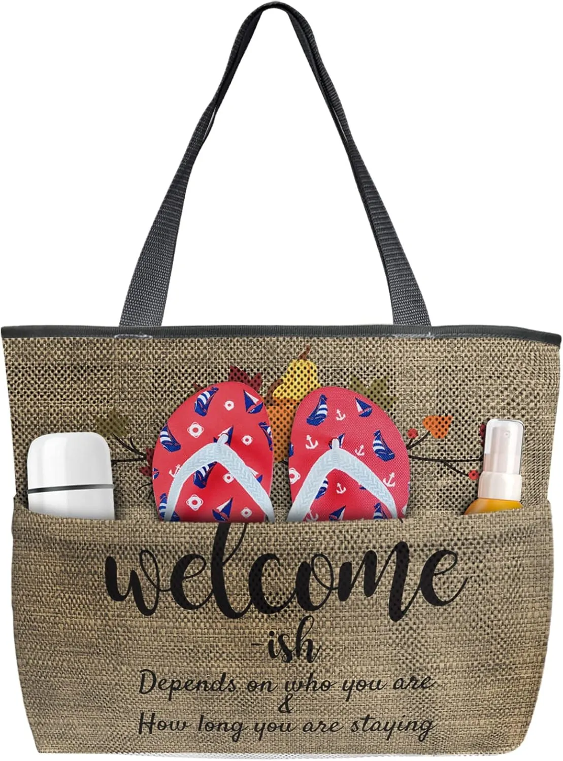 Autumn Welcome Pumpkin Fall Beach Tote Bag for Women, Burlap Textured Backdrop Mesh Beach Bags Waterproof Sandproof, Outdoor Picnic Swim Pool Handbag - Large Beach Bag with Zipper and Pockets