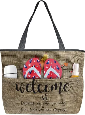 Autumn Welcome Pumpkin Fall Beach Tote Bag for Women, Burlap Textured Backdrop Mesh Beach Bags Waterproof Sandproof, Outdoor Picnic Swim Pool Handbag - Large Beach Bag with Zipper and Pockets