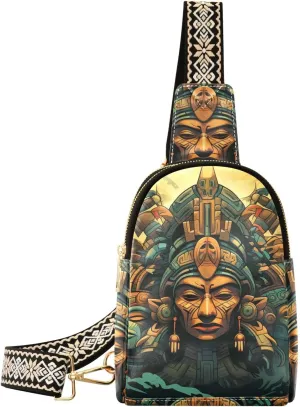 Aztec Statue Print Women Sling Bag with Adjustable Strap Zipper Closure, PU Leather Water Resistant Crossbody Bag Purse Chest Bag