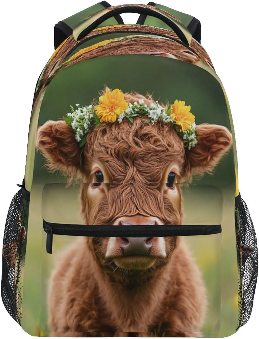 Backpack for Men and Women Fashion Travel Laptop Backpack with Chest Strap Gift Men & Women Highland Calf with A Flower Crown in A Grassy Field