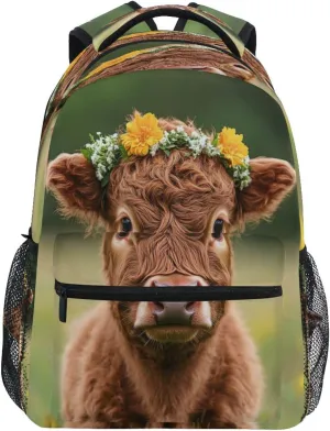 Backpack for Men and Women Fashion Travel Laptop Backpack with Chest Strap Gift Men & Women Highland Calf with A Flower Crown in A Grassy Field