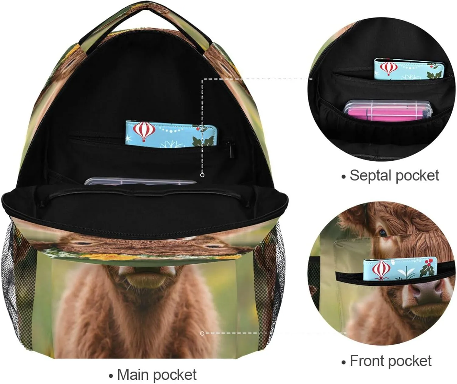 Backpack for Men and Women Fashion Travel Laptop Backpack with Chest Strap Gift Men & Women Highland Calf with A Flower Crown in A Grassy Field