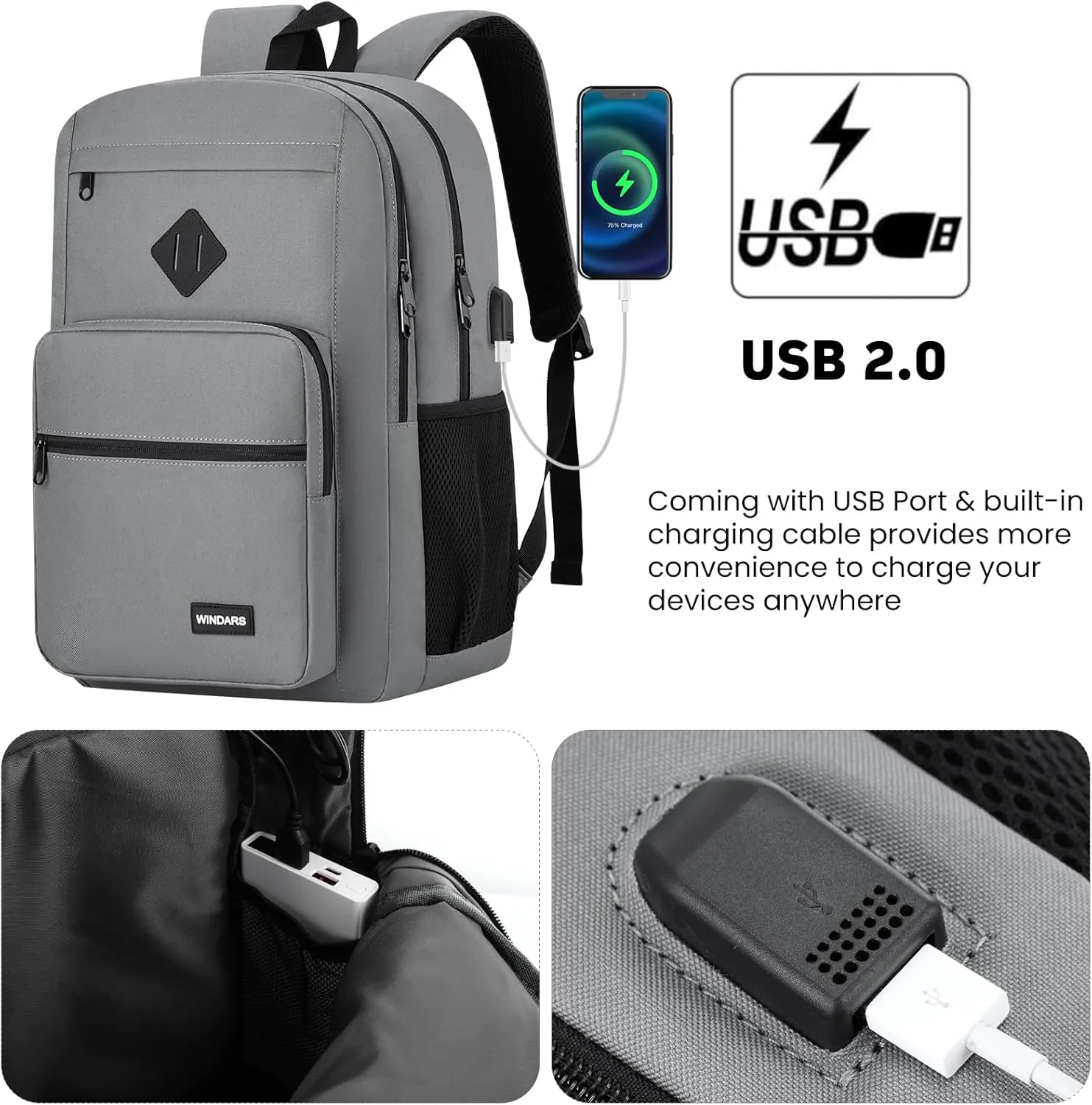 Backpack for Men Women, Durable Casual School Backpacks Teens Boys and Girls Classic 15.6 Inch Laptop Bookbag with USB Charger for College High School Work Travel (Dark Gray)