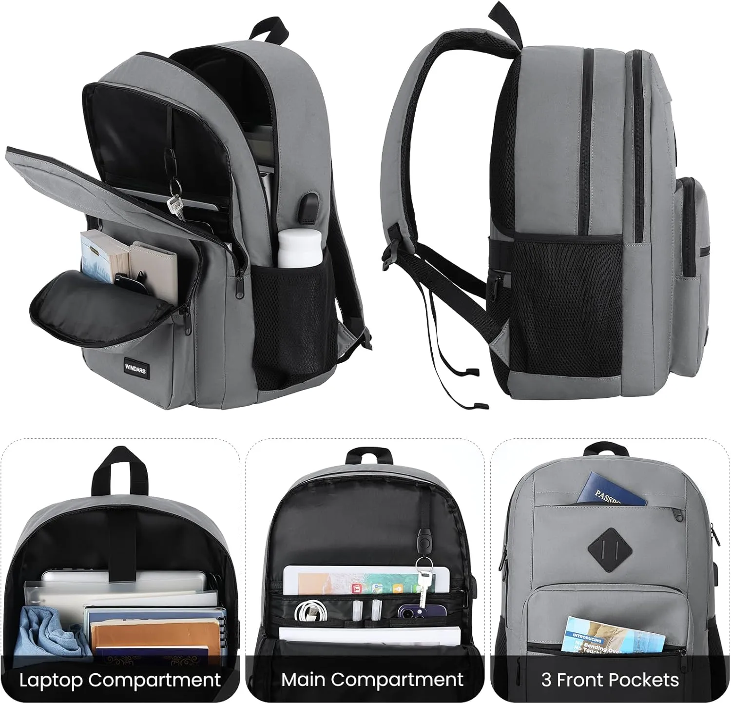 Backpack for Men Women, Durable Casual School Backpacks Teens Boys and Girls Classic 15.6 Inch Laptop Bookbag with USB Charger for College High School Work Travel (Dark Gray)