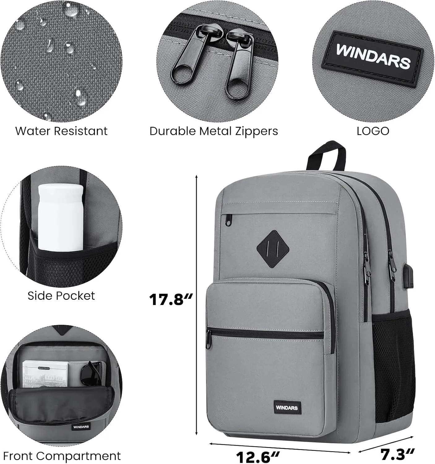 Backpack for Men Women, Durable Casual School Backpacks Teens Boys and Girls Classic 15.6 Inch Laptop Bookbag with USB Charger for College High School Work Travel (Dark Gray)