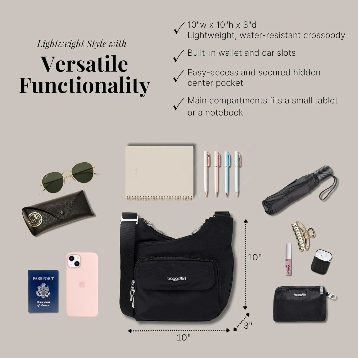 Baggallini Criss Cross 10x11 Crossbody Women Lightweight Water-Resistant Nylon Travel Bag W/RFID & Quick Access Pockets