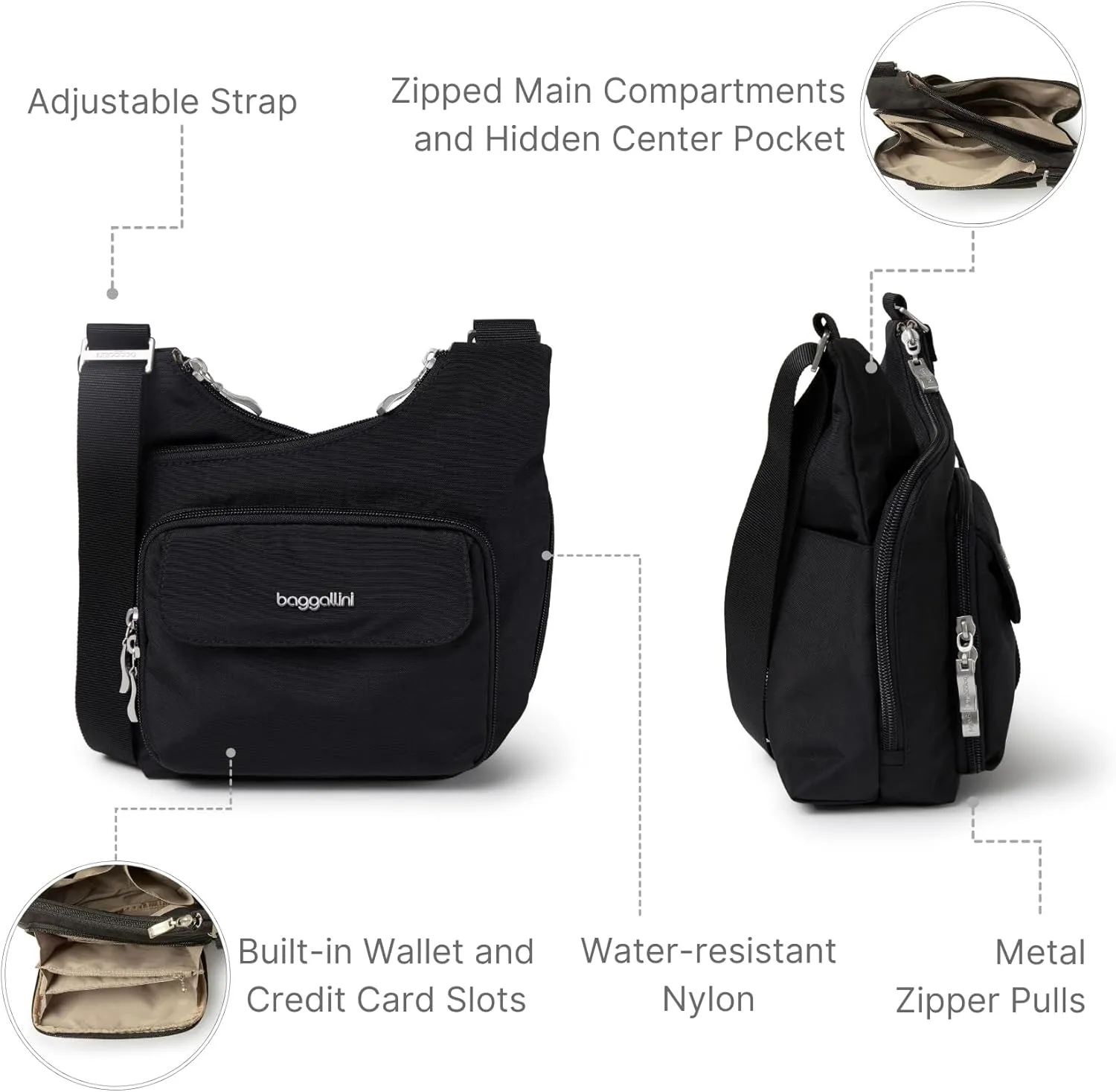 Baggallini Criss Cross 10x11 Crossbody Women Lightweight Water-Resistant Nylon Travel Bag W/RFID & Quick Access Pockets