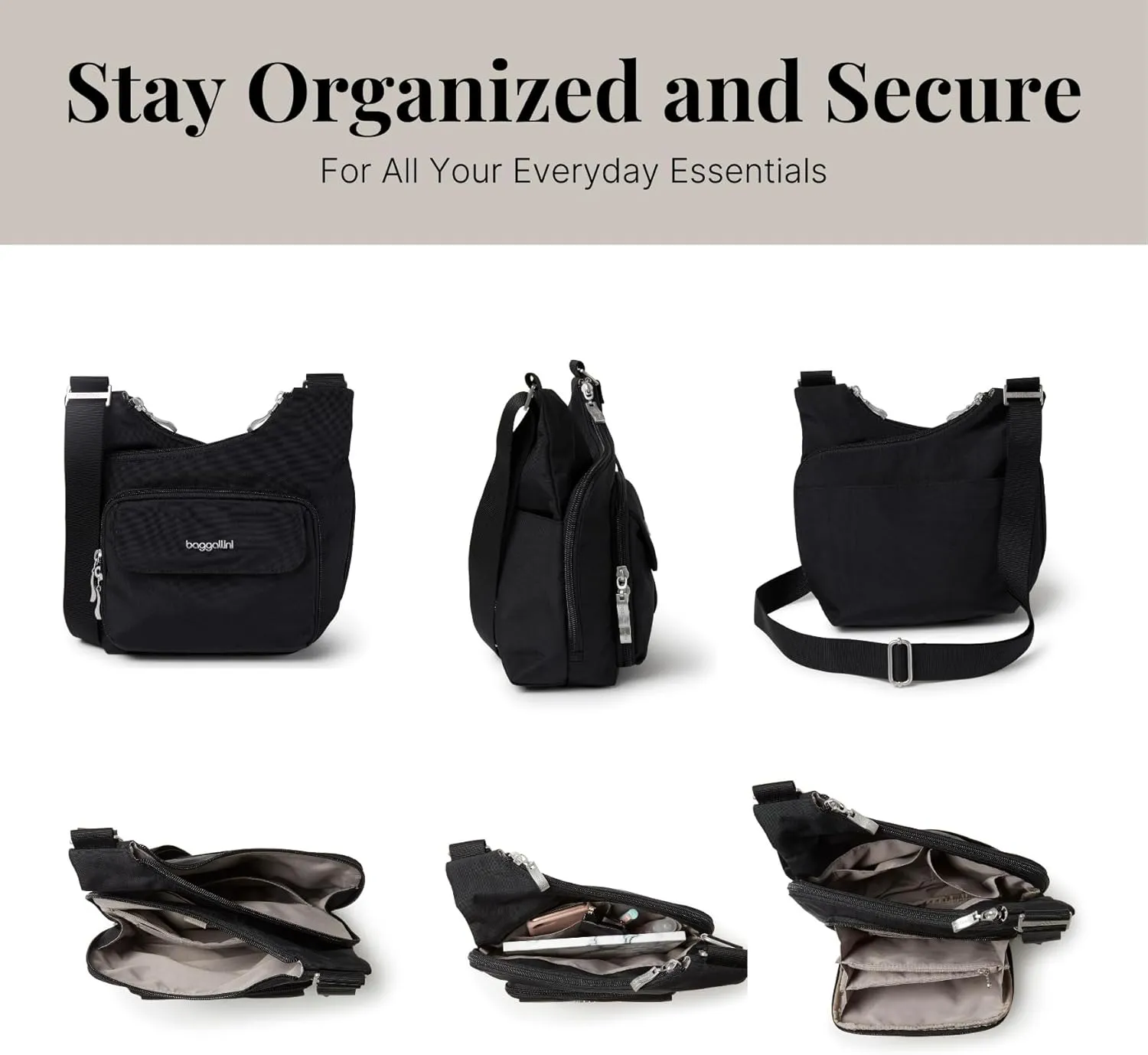 Baggallini Criss Cross 10x11 Crossbody Women Lightweight Water-Resistant Nylon Travel Bag W/RFID & Quick Access Pockets
