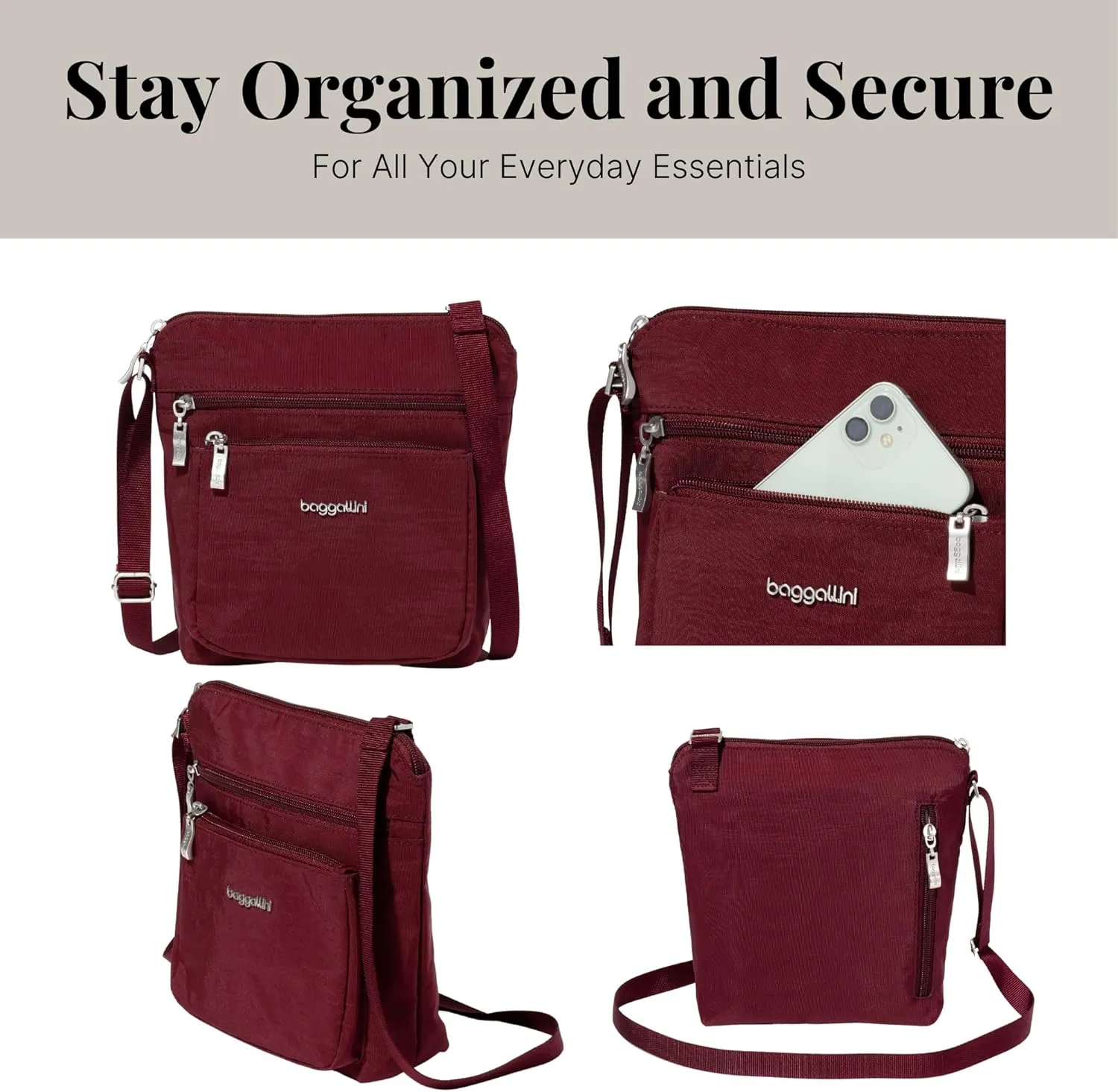 Baggallini Pocket Crossbody Bags for Women 8x8 Small Lightweight Durable Nylon Water-resistant Travel Purse W/Rfid Wristlet