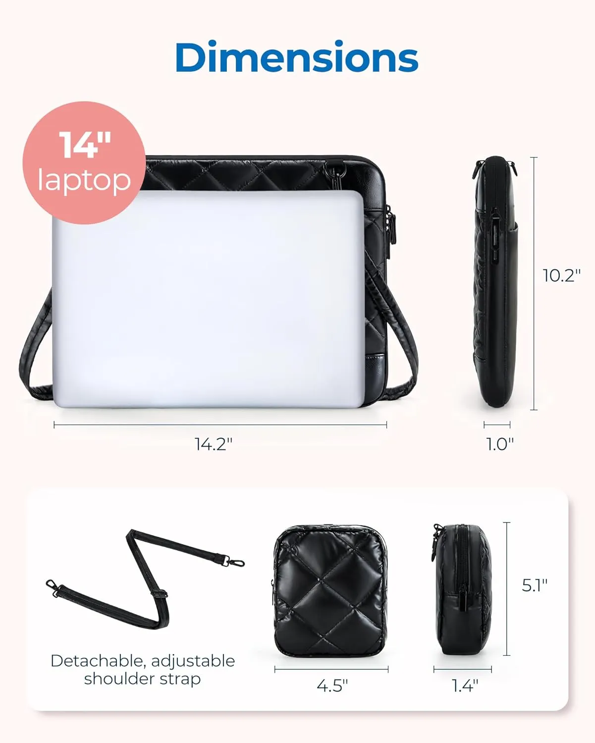 BAGSMART 13-14 Inch Puffy Laptop Sleeve with Strap, Protective Laptop Case with Accessory Bag for Macbook Air/Pro 13 14 Inch, Waterproof Portable Laptop Bag for Women Fitted with Dell HP Lenovo, Black