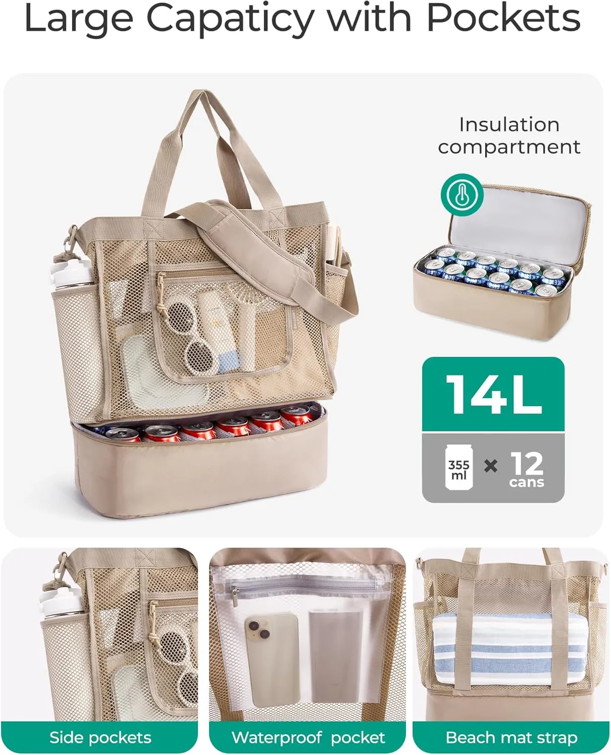 BAGSMART Beach Bag for Women, Mesh Tote Bags with Zipper, Sandproof Vacation Essentials with Cooler for Swim Cruise Pool