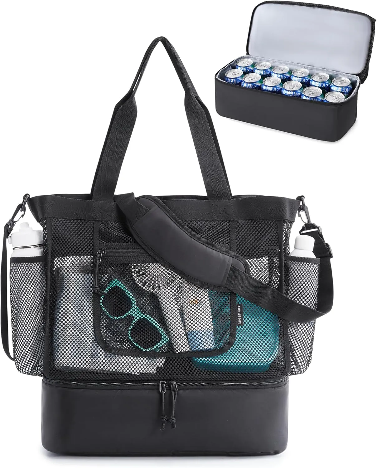 BAGSMART Beach Bag for Women, Mesh Tote Bags with Zipper, Sandproof Vacation Essentials with Cooler for Swim Cruise Pool