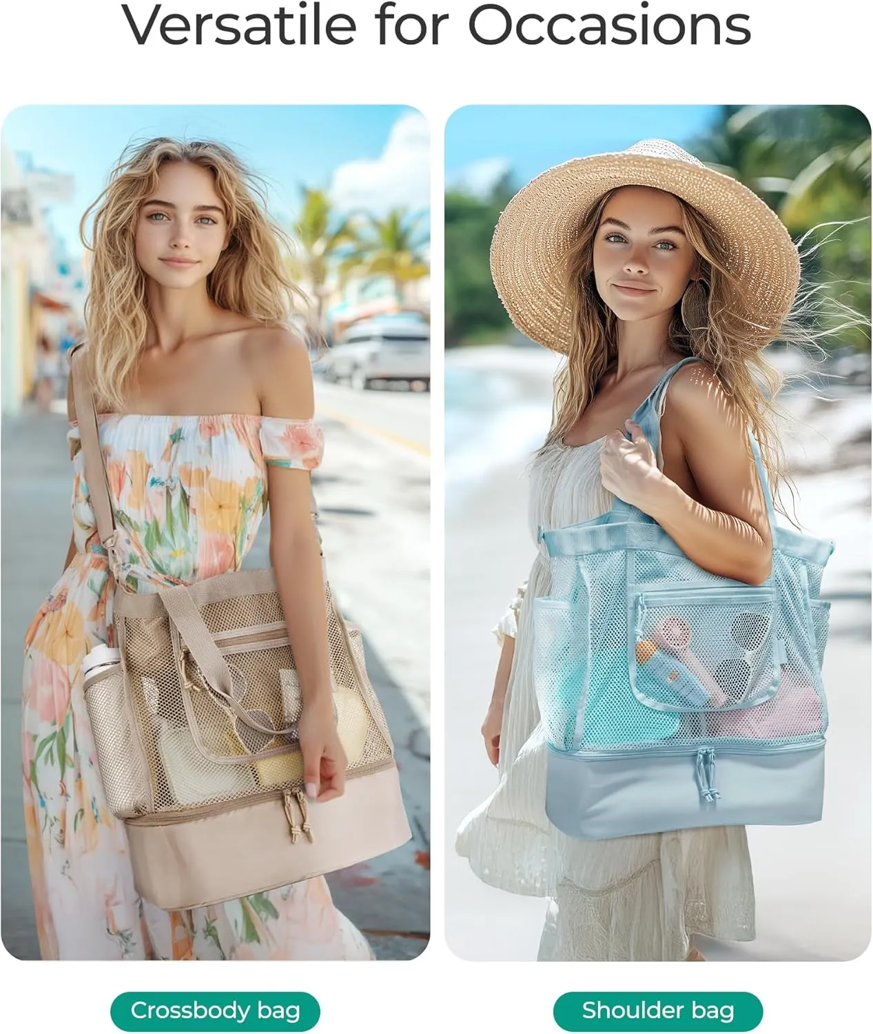 BAGSMART Beach Bag for Women, Mesh Tote Bags with Zipper, Sandproof Vacation Essentials with Cooler for Swim Cruise Pool