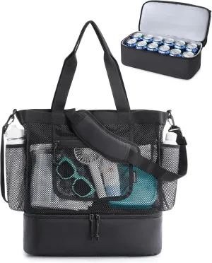 BAGSMART Beach Bag for Women, Mesh Tote Bags with Zipper, Sandproof Vacation Essentials with Cooler for Swim Cruise Pool