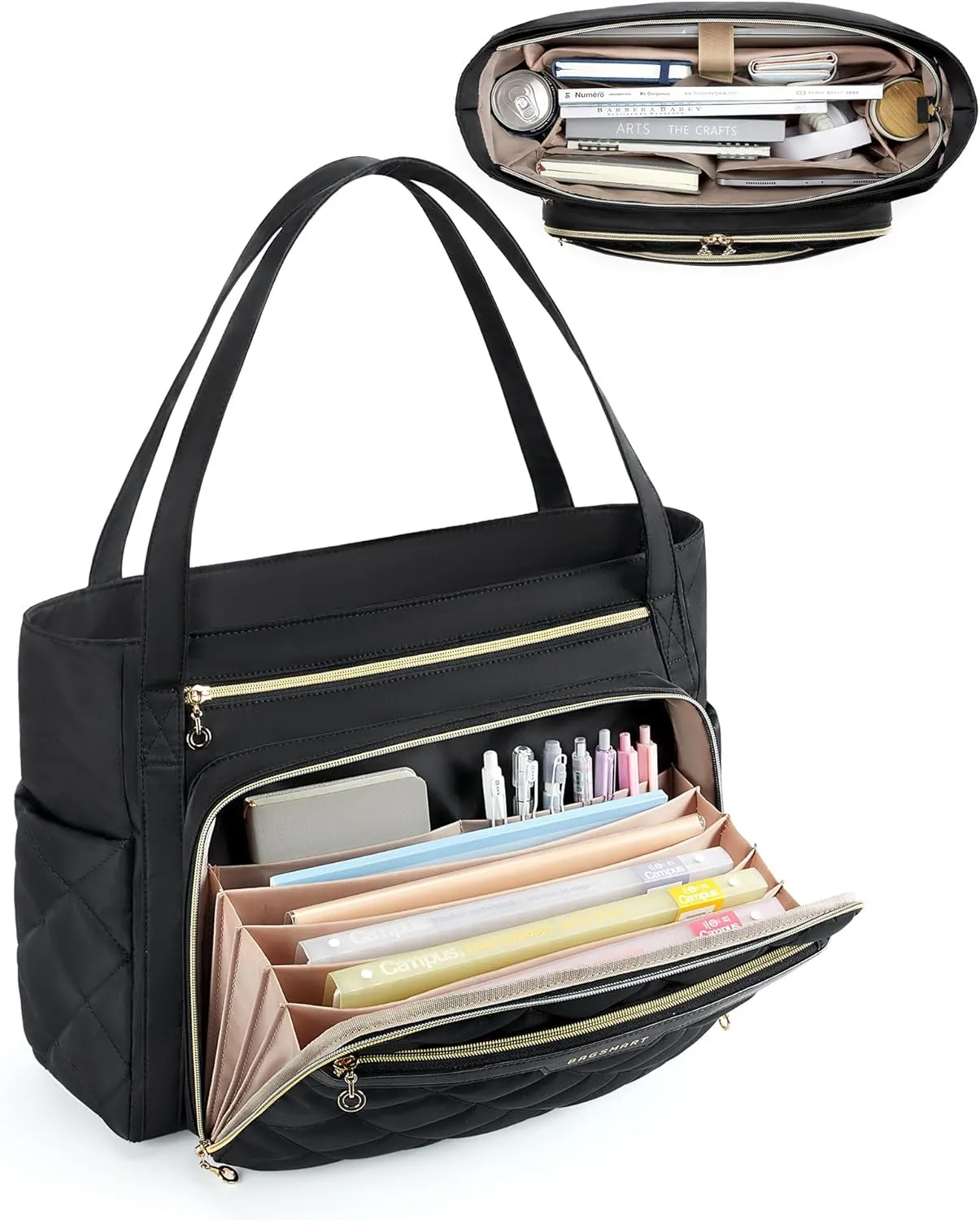BAGSMART Teacher Tote Bag for Women 15.6in Quilted with Insulated Pocket & Nurse Bag Features (Black)