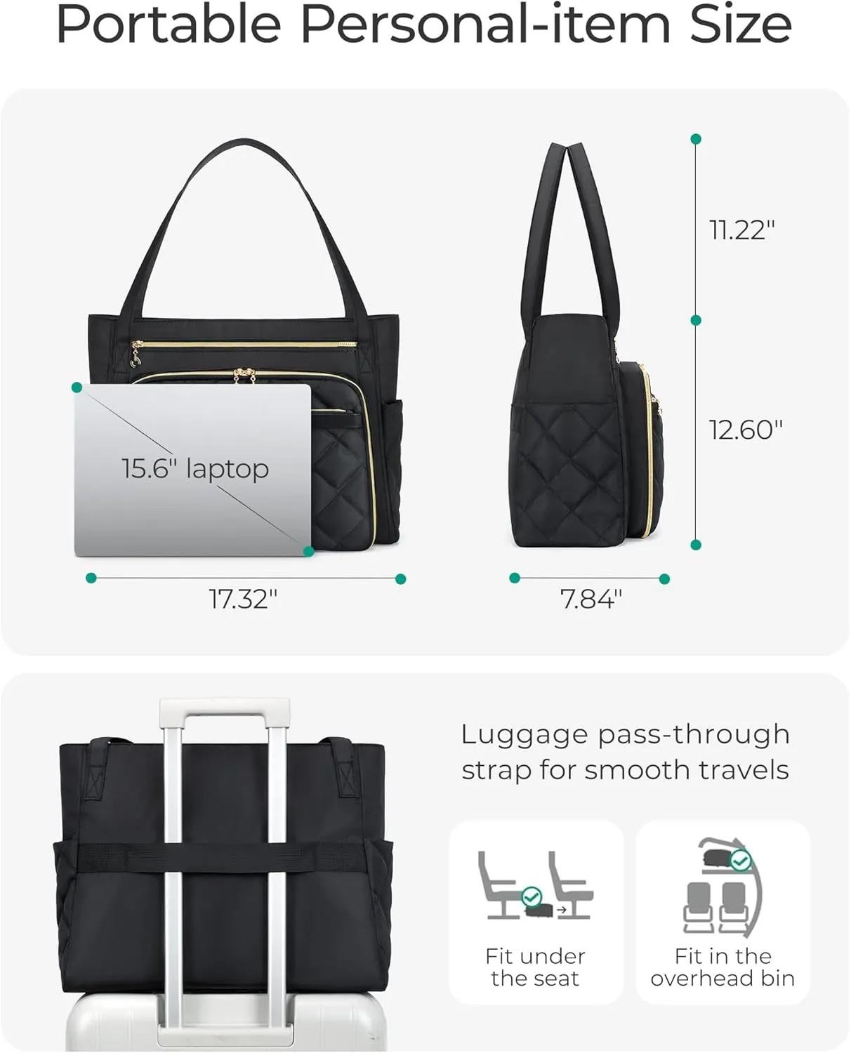 BAGSMART Teacher Tote Bag for Women 15.6in Quilted with Insulated Pocket & Nurse Bag Features (Black)