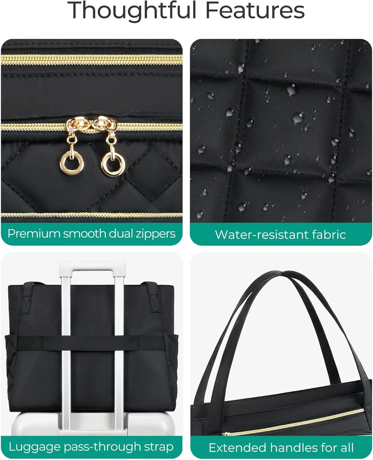 BAGSMART Teacher Tote Bag for Women 15.6in Quilted with Insulated Pocket & Nurse Bag Features (Black)