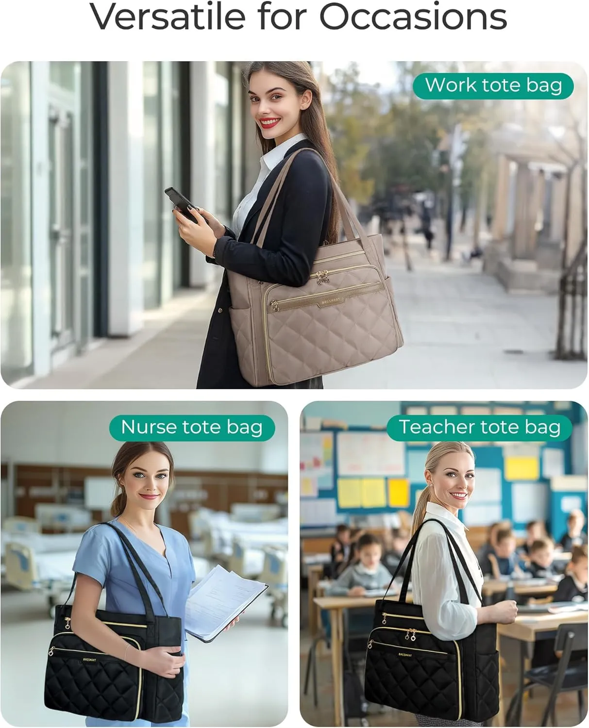 BAGSMART Teacher Tote Bag for Women 15.6in Quilted with Insulated Pocket & Nurse Bag Features (Black)