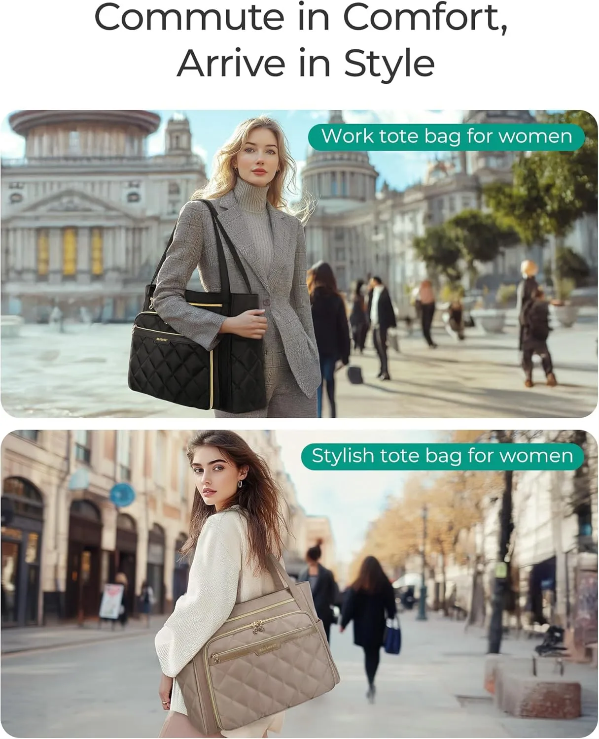 BAGSMART Teacher Tote Bag for Women 15.6in Quilted with Insulated Pocket & Nurse Bag Features (Black)