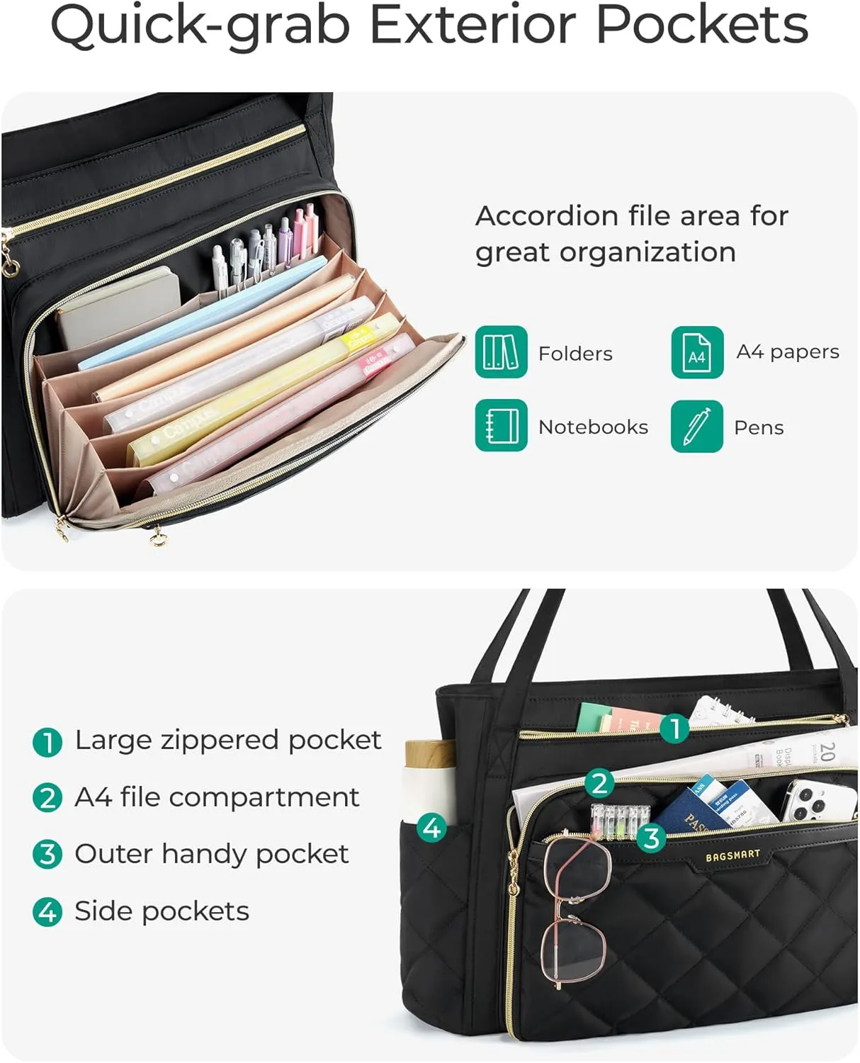 BAGSMART Teacher Tote Bag for Women 15.6in Quilted with Insulated Pocket & Nurse Bag Features (Black)