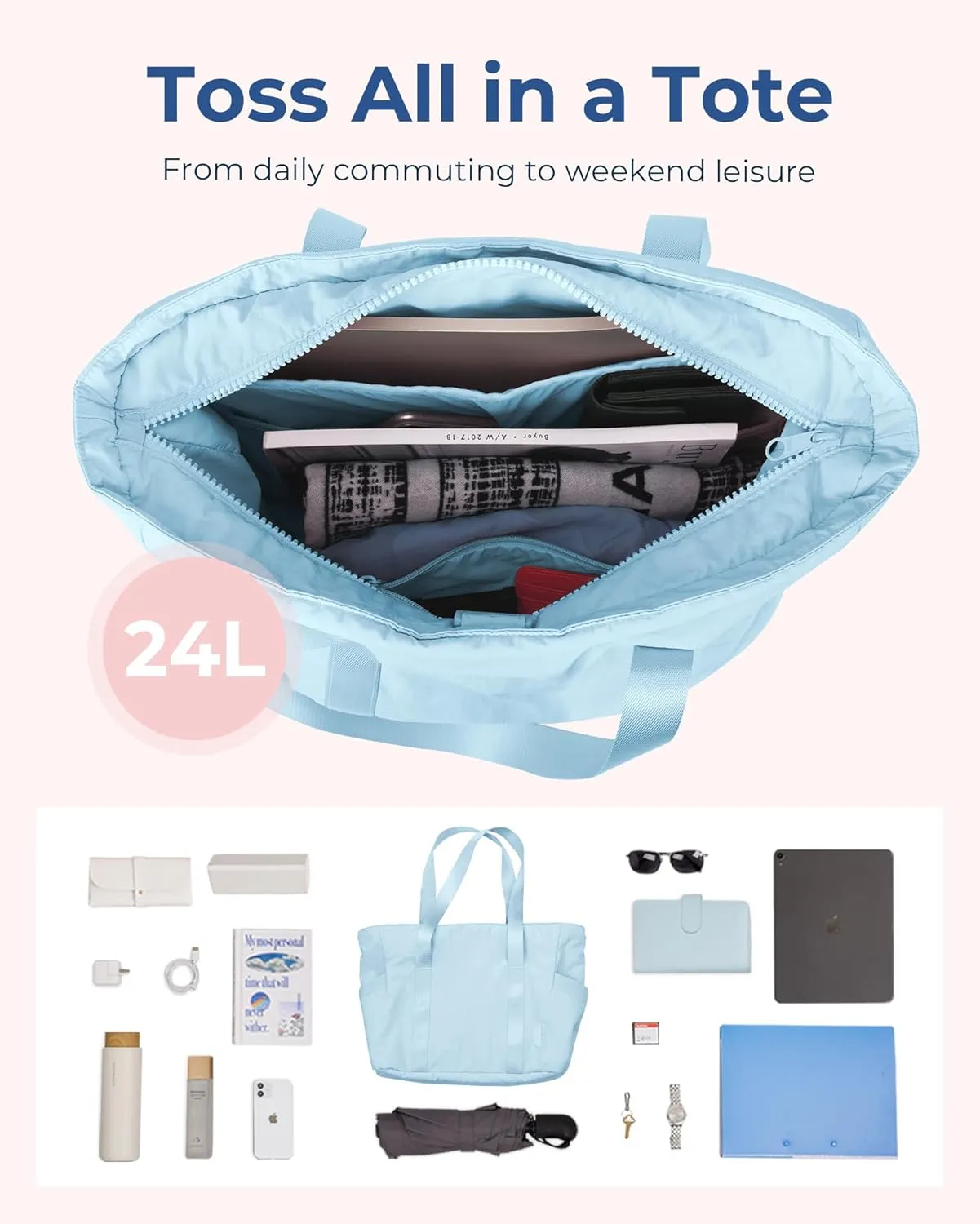 BAGSMART Tote Bag for Women with Zipper, Gym Tote with Compartments, Work Tote Nurse Dance Yoga Bag for Sport, Travel