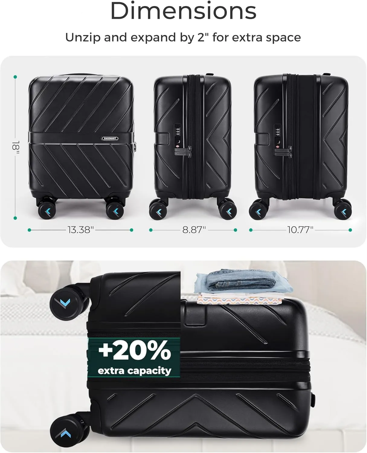 BAGSMART Underseat Carry On luggage Airline approved, 16-inch Hardsiade Underseater Travel Suitcase with Spinner Wheels Lightweight Overnight Bag Small Rolling Carry-on for Women, Charcoal Grey