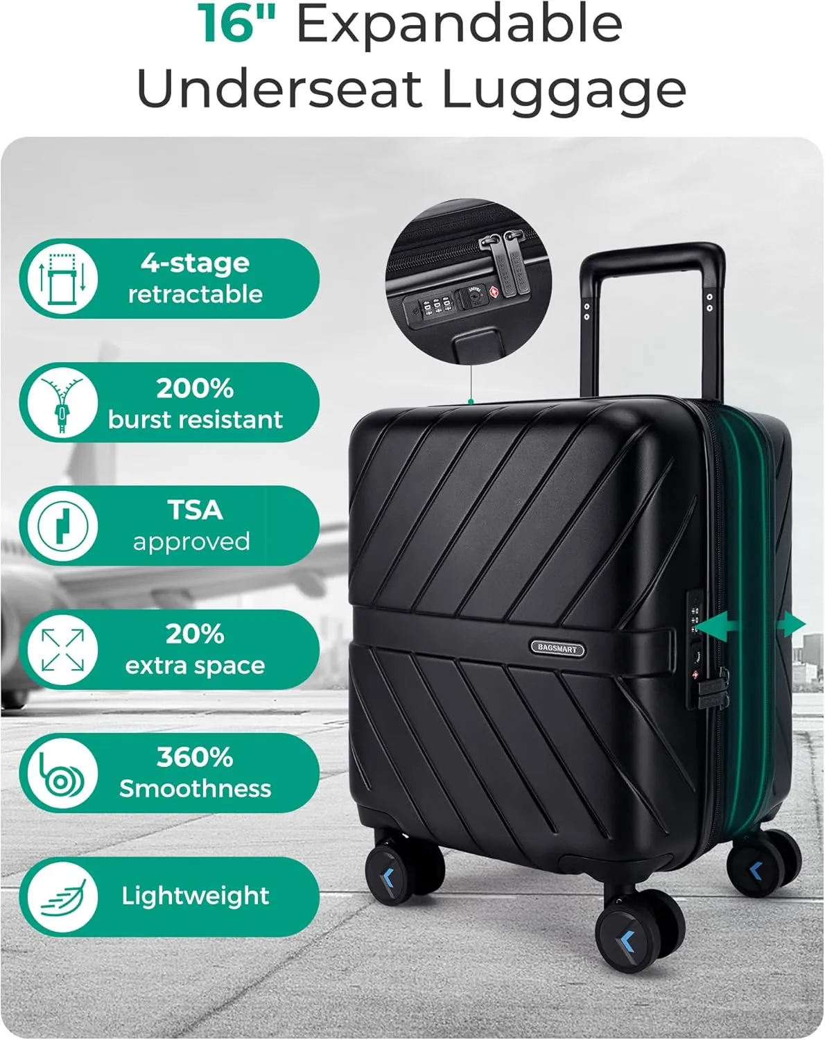 BAGSMART Underseat Carry On luggage Airline approved, 16-inch Hardsiade Underseater Travel Suitcase with Spinner Wheels Lightweight Overnight Bag Small Rolling Carry-on for Women, Charcoal Grey