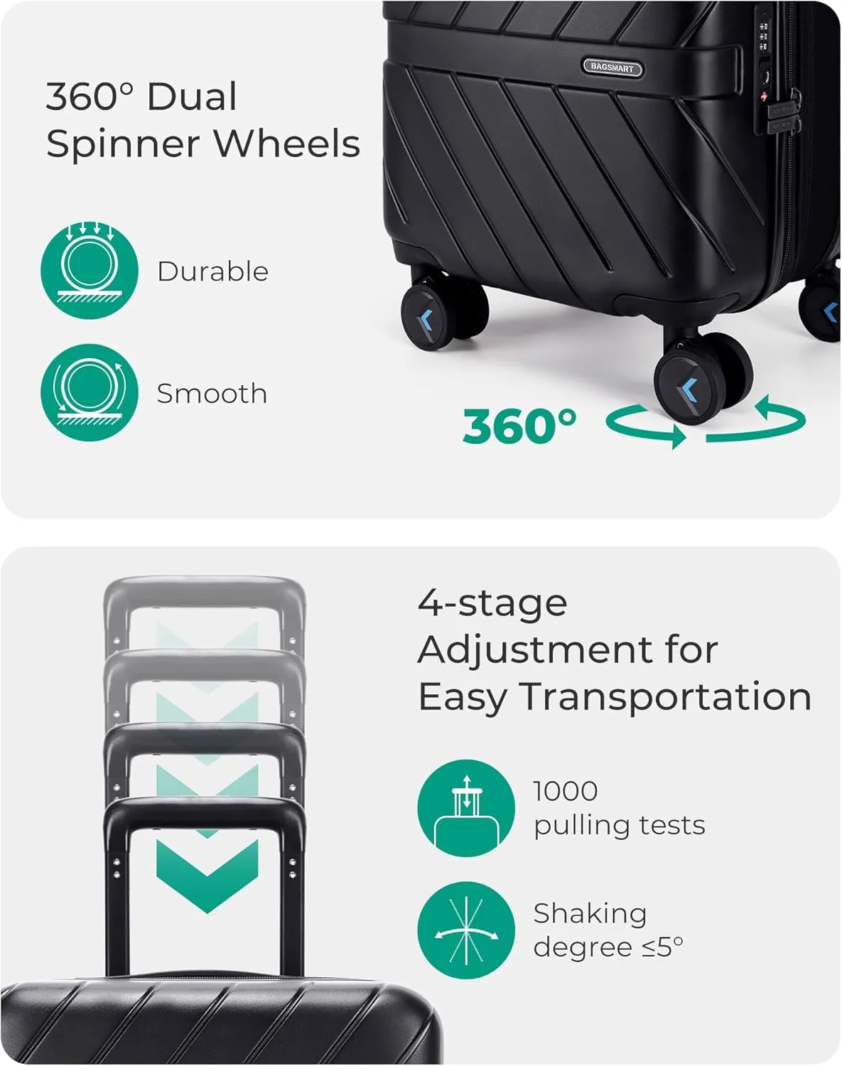 BAGSMART Underseat Carry On luggage Airline approved, 16-inch Hardsiade Underseater Travel Suitcase with Spinner Wheels Lightweight Overnight Bag Small Rolling Carry-on for Women, Charcoal Grey