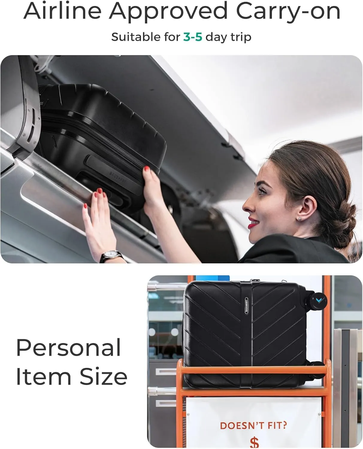 BAGSMART Underseat Carry On luggage Airline approved, 16-inch Hardsiade Underseater Travel Suitcase with Spinner Wheels Lightweight Overnight Bag Small Rolling Carry-on for Women, Charcoal Grey