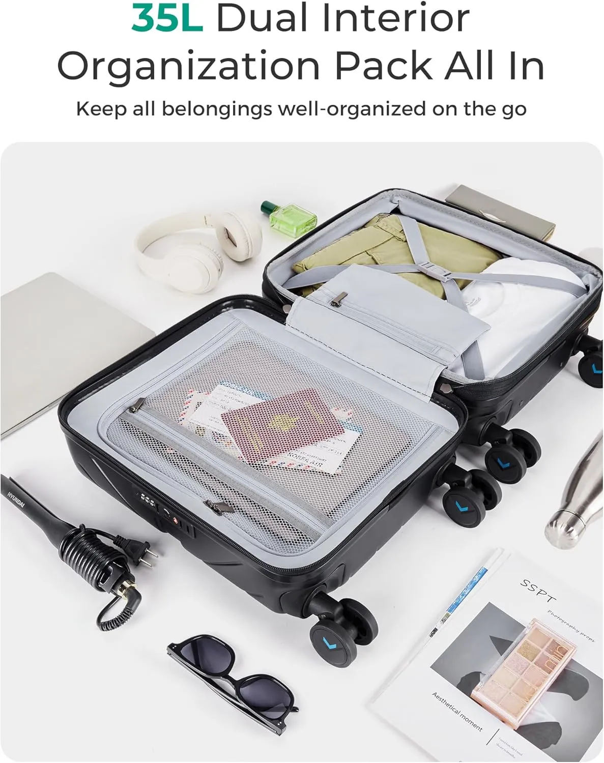 BAGSMART Underseat Carry On luggage Airline approved, 16-inch Hardsiade Underseater Travel Suitcase with Spinner Wheels Lightweight Overnight Bag Small Rolling Carry-on for Women, Charcoal Grey