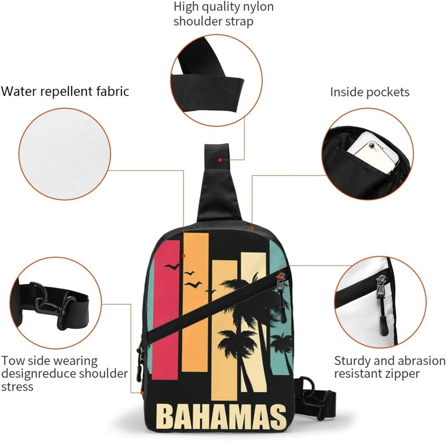 Bahamas Palm Tree Flag Portable Crossbody Bag Foldable Sling Bags Sports Gym Chest Daypack Reusable Shoulder Backpack Casual Diagonally Rucksack Fanny Packs