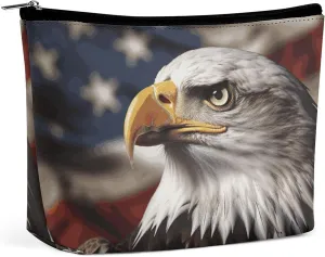 Bald Eagle US Flag Pictures Travel Makeup Bag Large Toiletry Bag for Women Waterproof Cosmetic Bags for Purse Portable Makeup Organizer Bags Cute Zipper Pouch Cosmetic Pouch Funny Travel Makeupbag