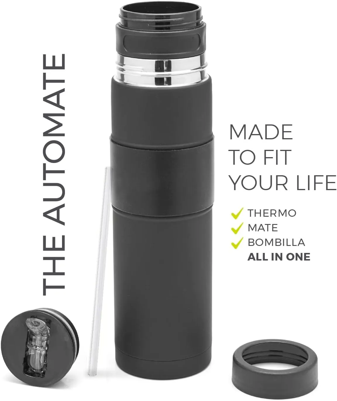 BALIBETOV - New - Stainless Steel Automate - Thermal bottle, Mate Cup and Bombilla All In One - No Need to Refill Every Time You Want to Drink (Black)
